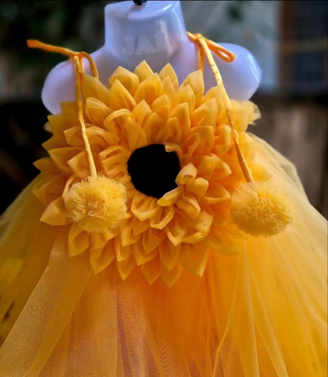 Sunflower-Themed Yellow Baby Girl Birthday Dress | Party Frock for Toddlers | Unique Birthday Frock