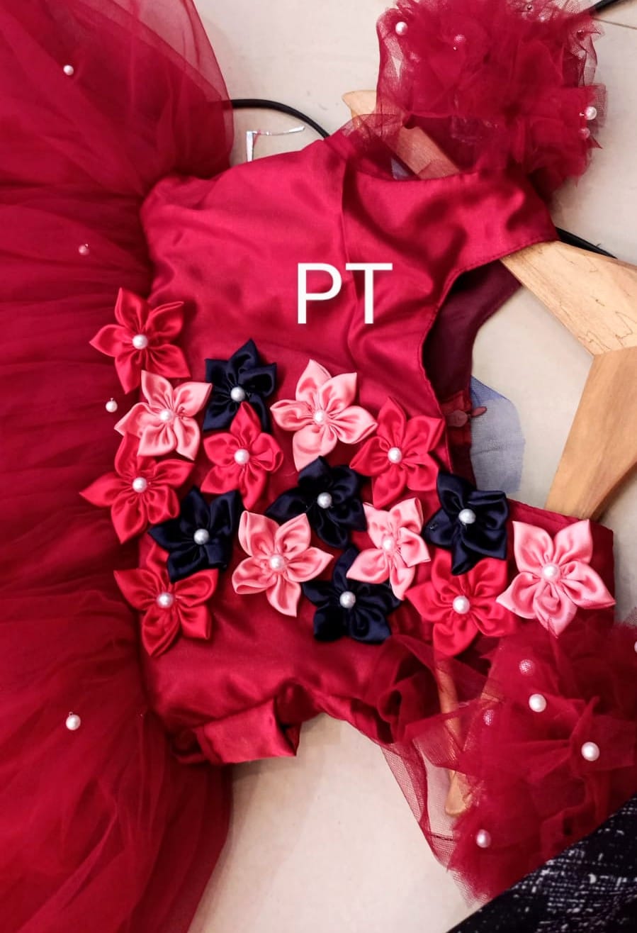 Flower Embellished Dress | Beautiful Flower and Pearl Dress | Birthday and Partywear Dress