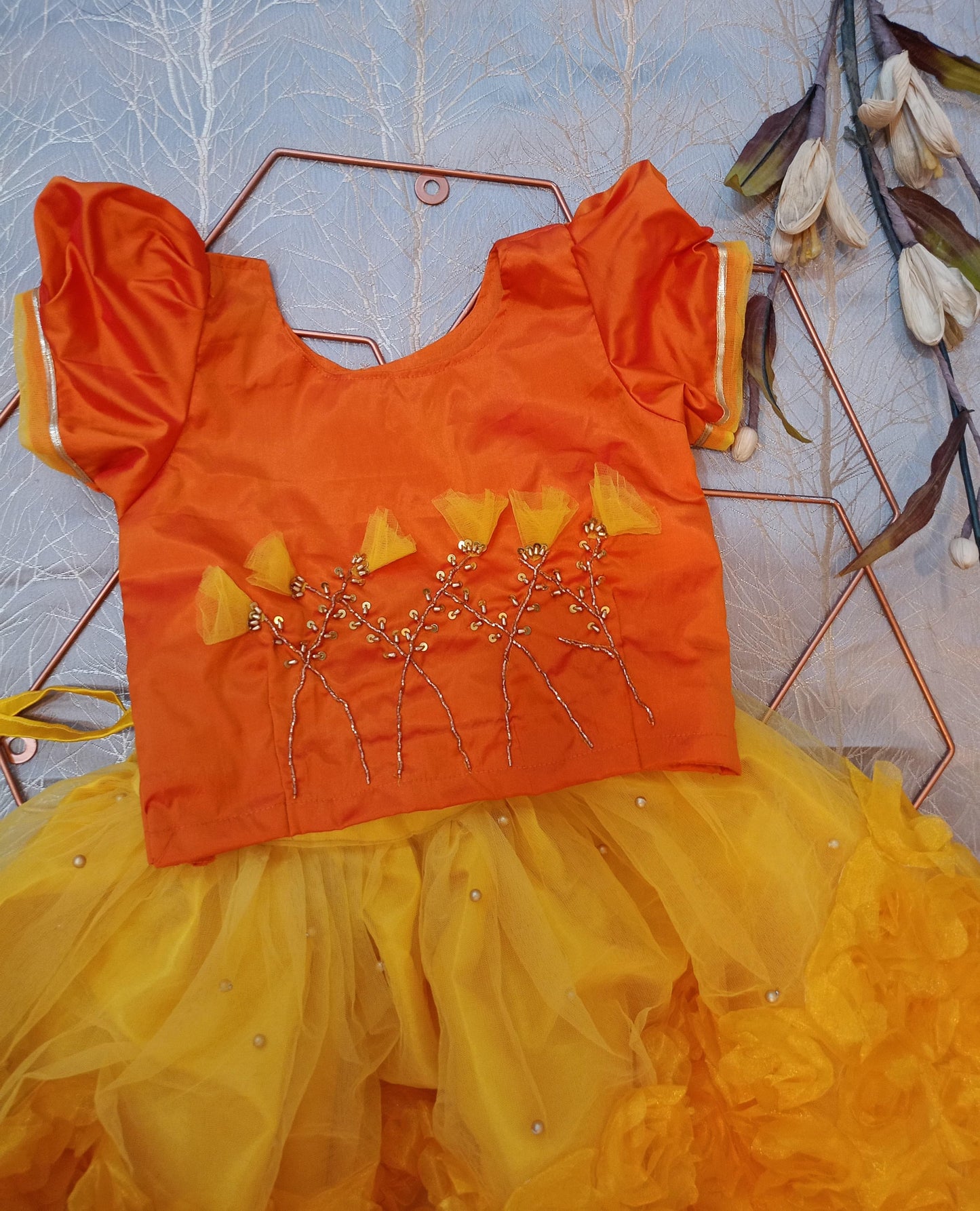 Flower Emboss Stylish Lehnga and Handwork Choli