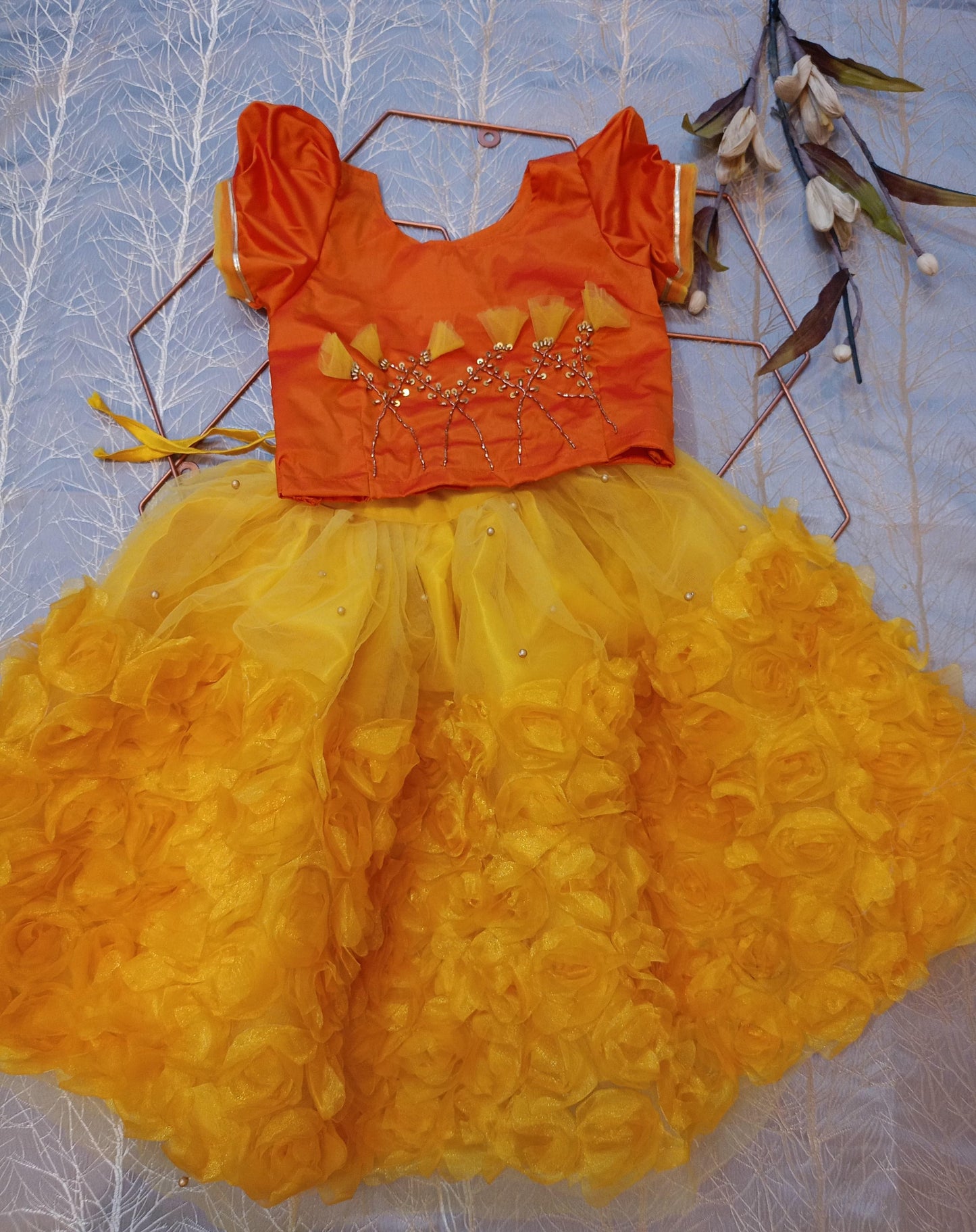 Flower Emboss Stylish Lehnga and Handwork Choli