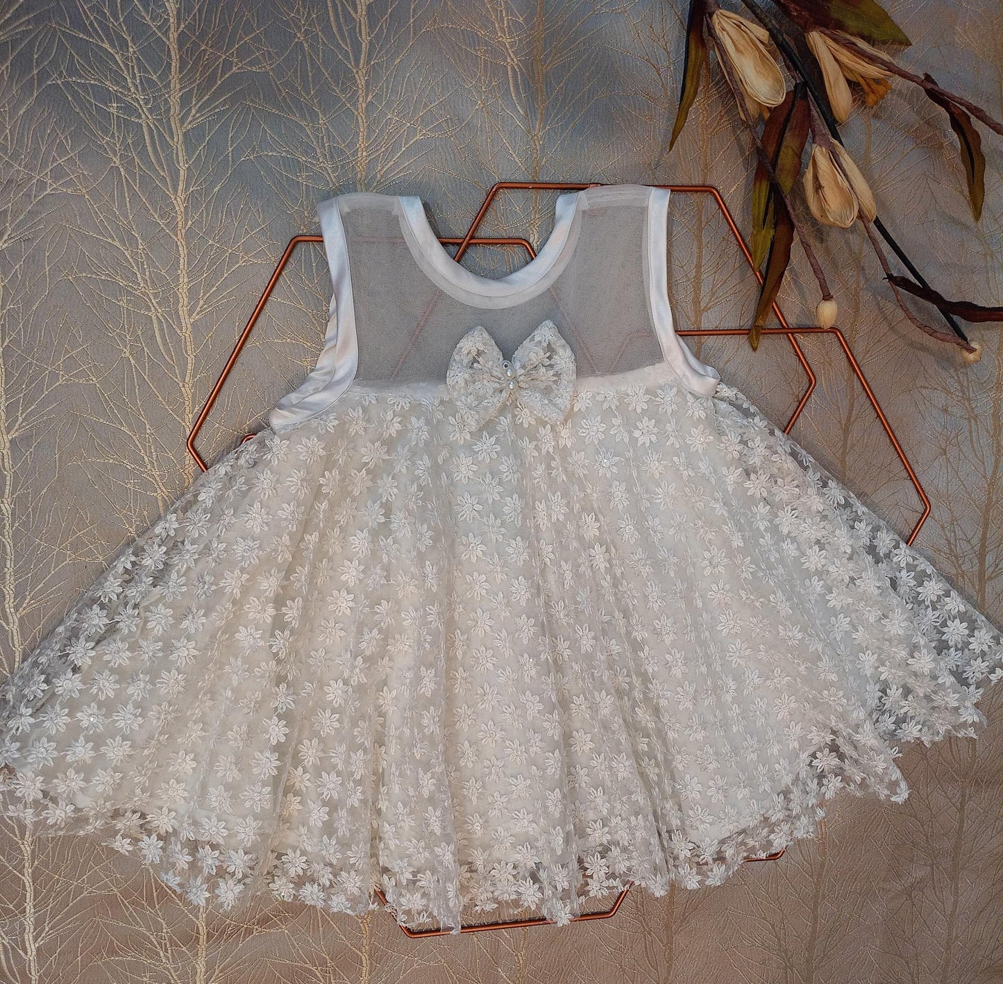 Kids Acoba White Embroidery Umbrella Frock