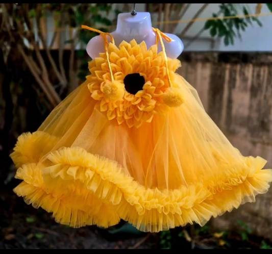 Sunflower-Themed Yellow Baby Girl Birthday Dress | Party Frock for Toddlers | Unique Birthday Frock