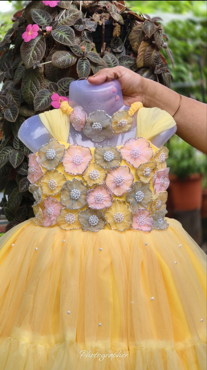 Yellow Floral Birthday Dress for Girls – Customizable Partywear Dress
