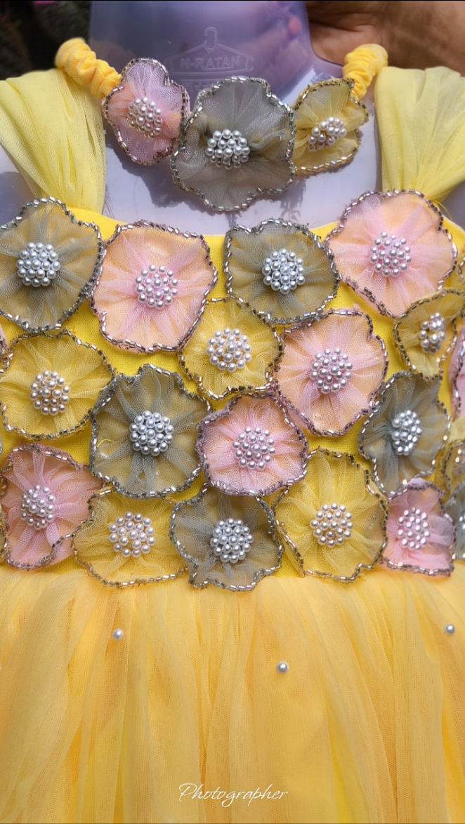 Yellow Floral Birthday Dress for Girls – Customizable Partywear Dress