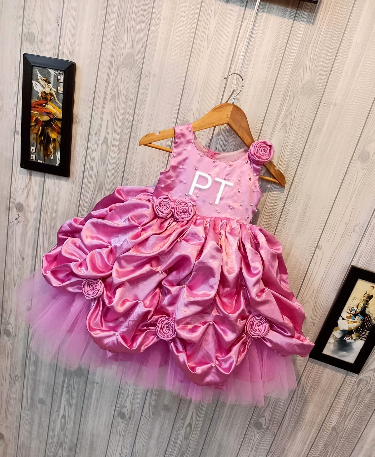 Satin Handwork Rose Flower Dress | Beautiful Flower Birthday Dress