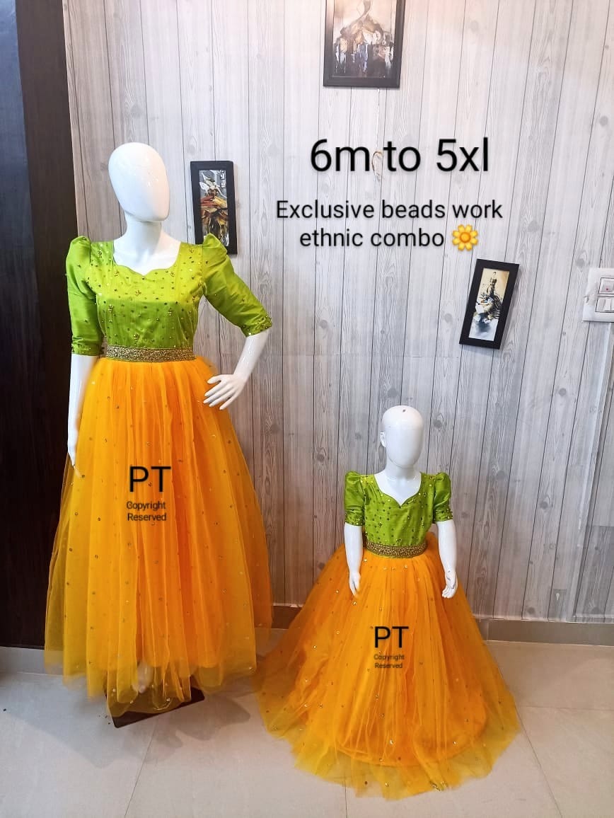 Ethnic Mom Daughter Dress | Exclusive Beads Work Birthday and Partywear Dress