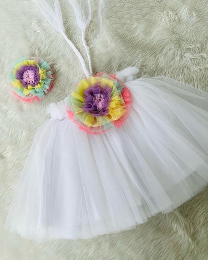 Cute White Dress with Multicolor Flower | Birthday Dress