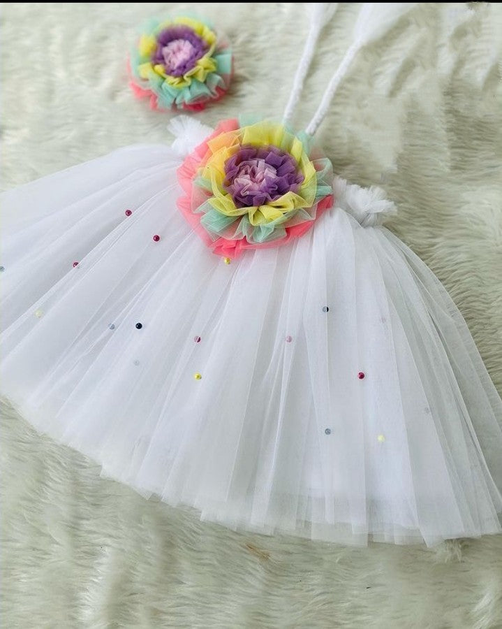 Cute White Dress with Multicolor Flower | Birthday Dress