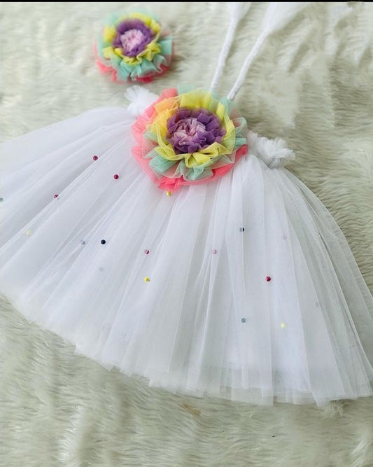 Cute White Dress with Multicolor Flower | Birthday Dress