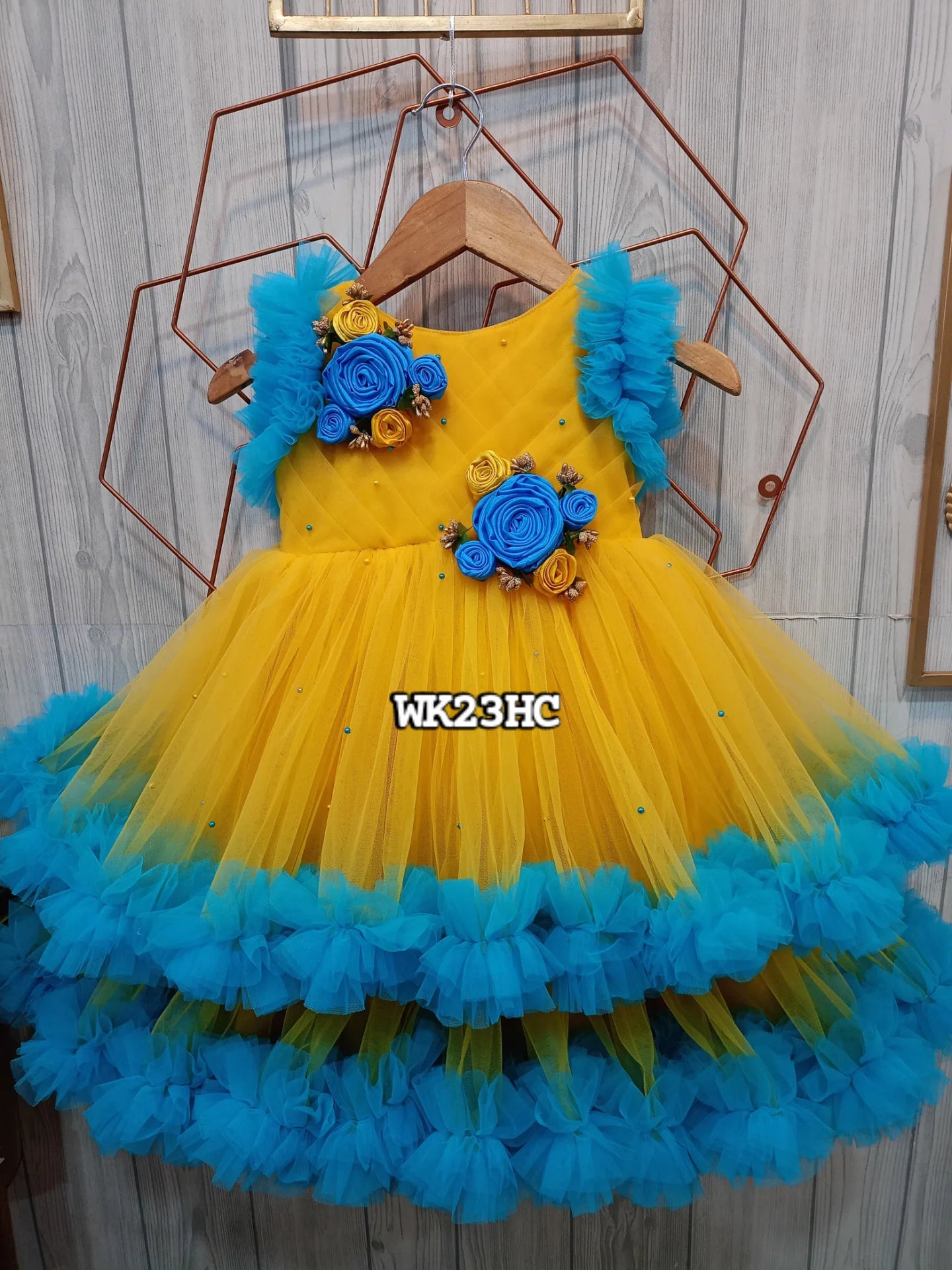 Yellow and Blue Floral Birthday Dress for Girls – Customizable Layered Partywear