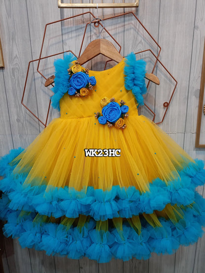 Yellow and Blue Floral Birthday Dress for Girls – Customizable Layered Partywear