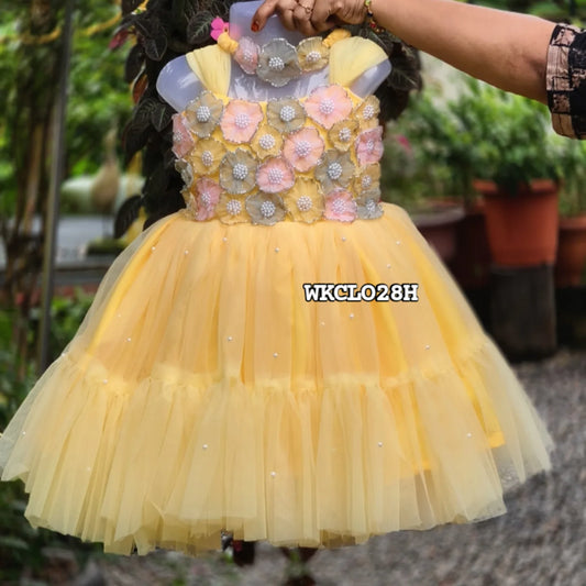 Yellow Floral Birthday Dress for Girls – Customizable Partywear Dress