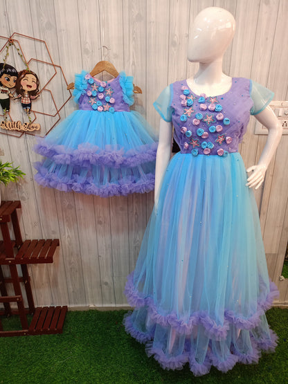 Mom and Daughter Matching Gown Set | 3D Floral Partywear Dress | Handcrafted Floral Gown | Designer Birthday & Occasion Wear