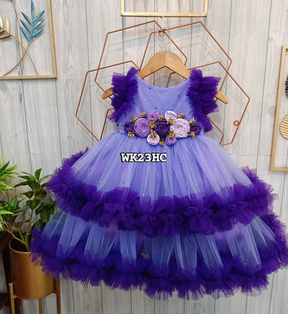 Purple Layered Birthday Dress for Girls – Customizable Partywear Frock