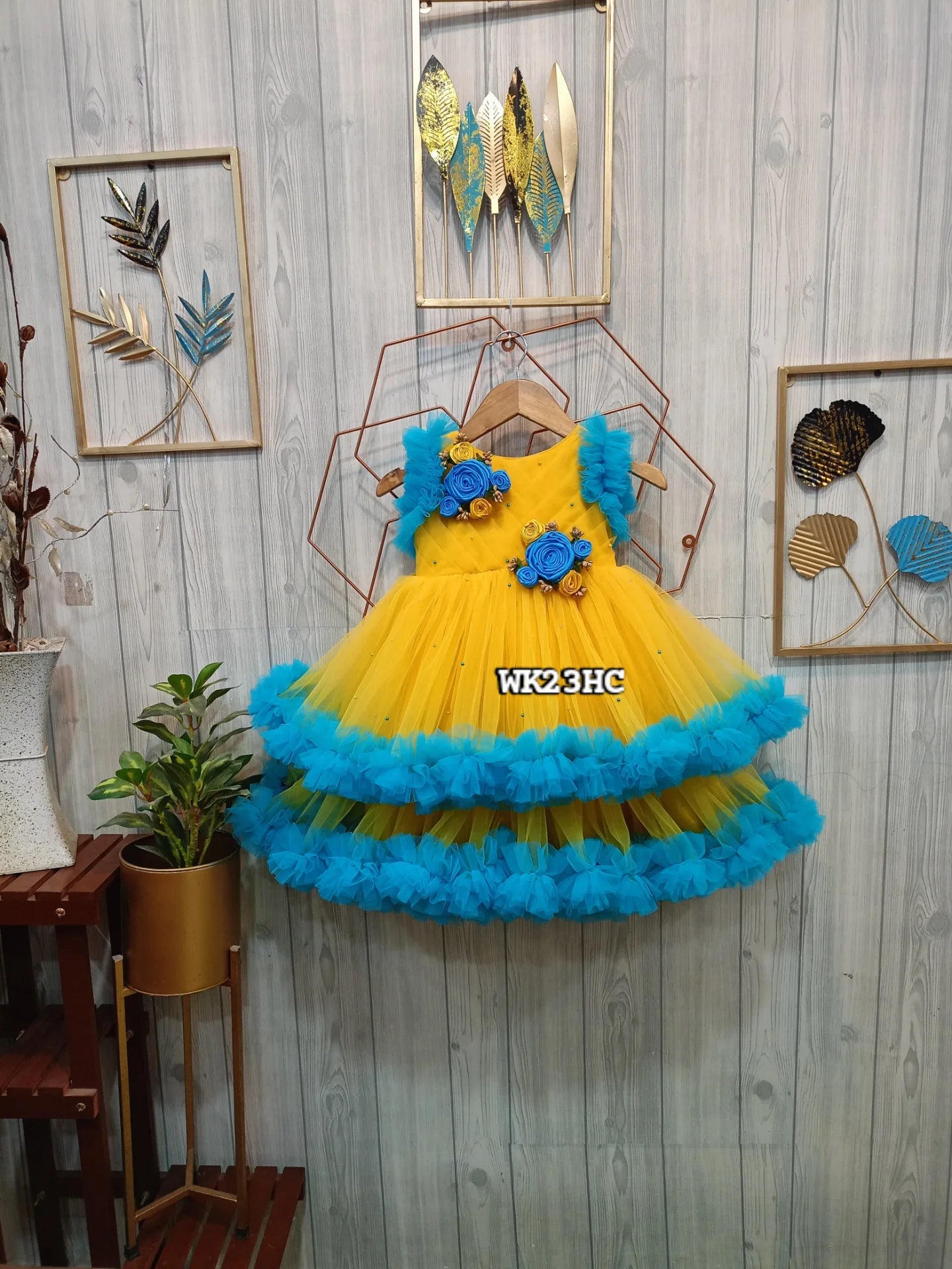 Yellow and Blue Floral Birthday Dress for Girls – Customizable Layered Partywear