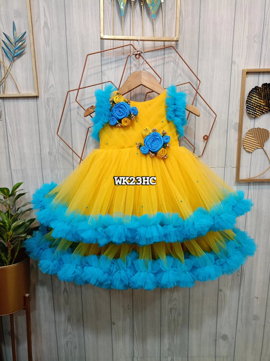 Yellow and Blue Floral Birthday Dress for Girls – Customizable Layered Partywear