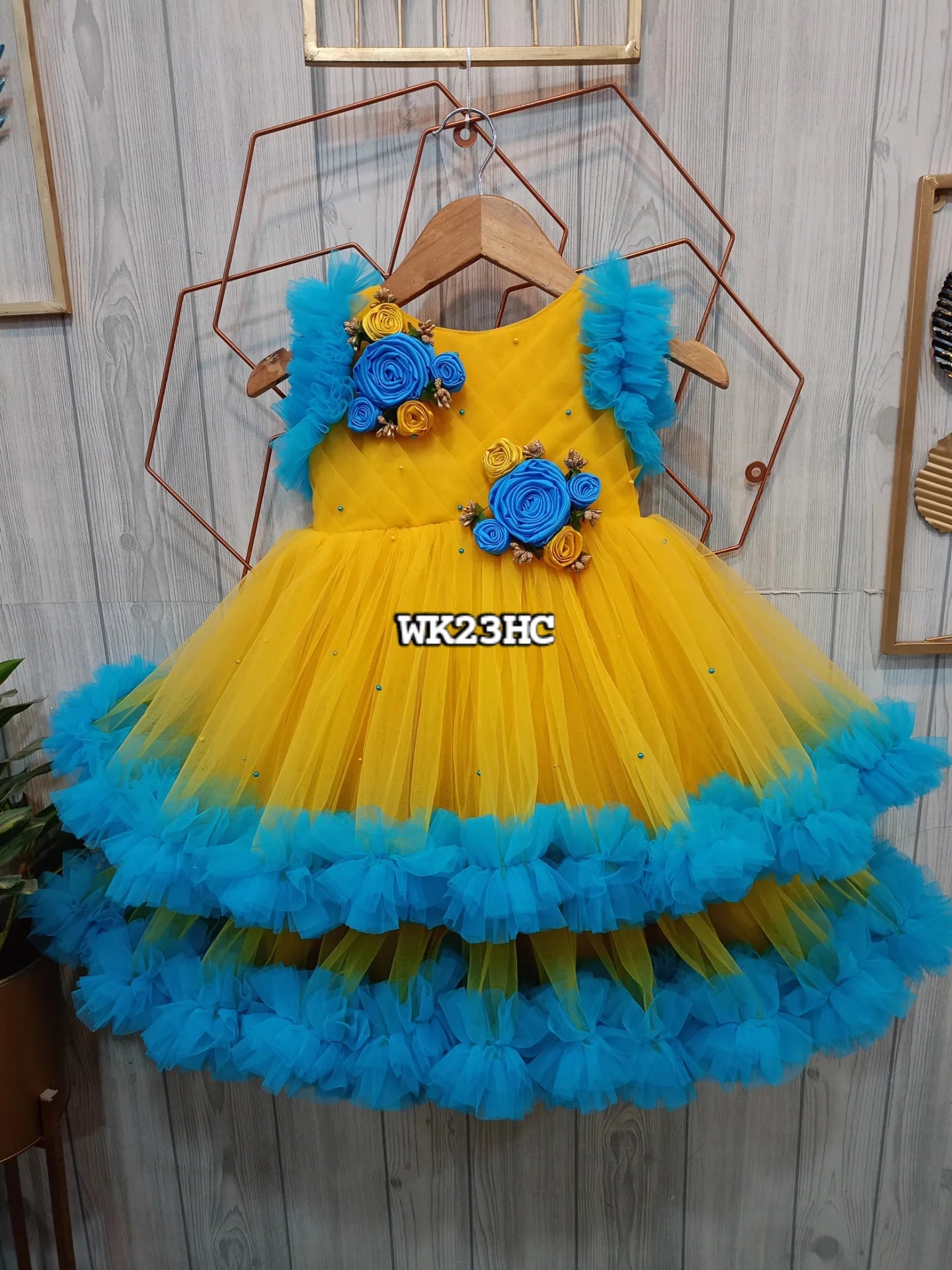 Yellow and Blue Floral Birthday Dress for Girls – Customizable Layered Partywear