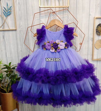 Purple Layered Birthday Dress for Girls – Customizable Partywear Frock