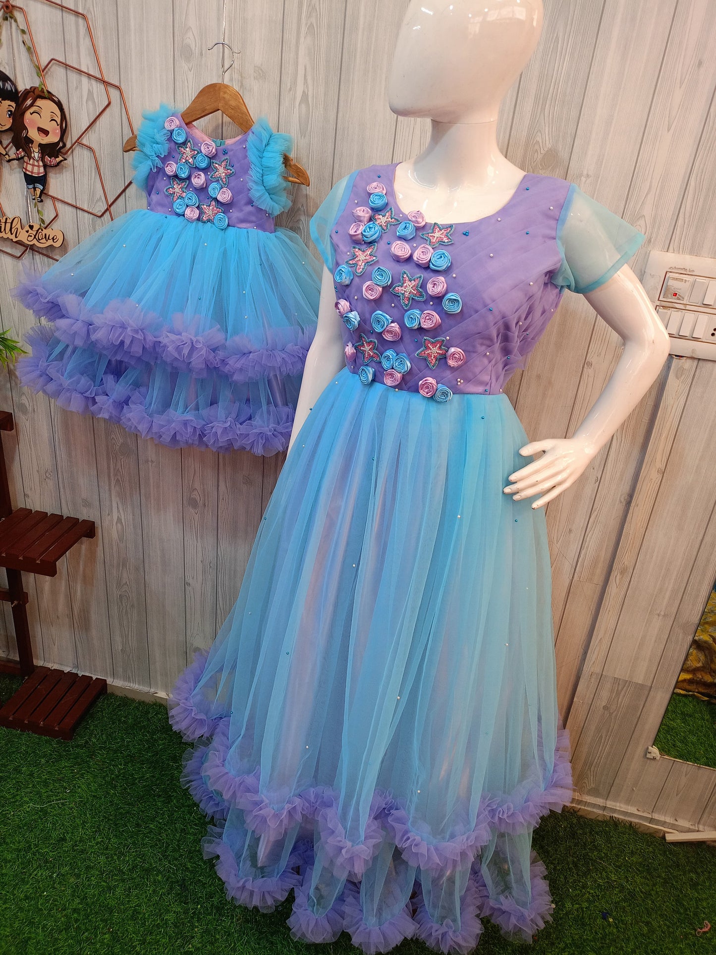 Mom and Daughter Matching Gown Set | 3D Floral Partywear Dress | Handcrafted Floral Gown | Designer Birthday & Occasion Wear