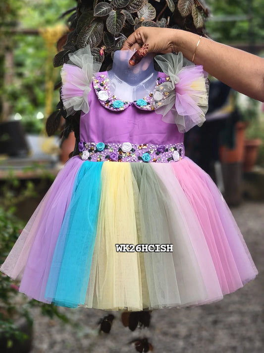 Rainbow Pastel Birthday Dress for Girls – Customizable Handcrafted Partywear