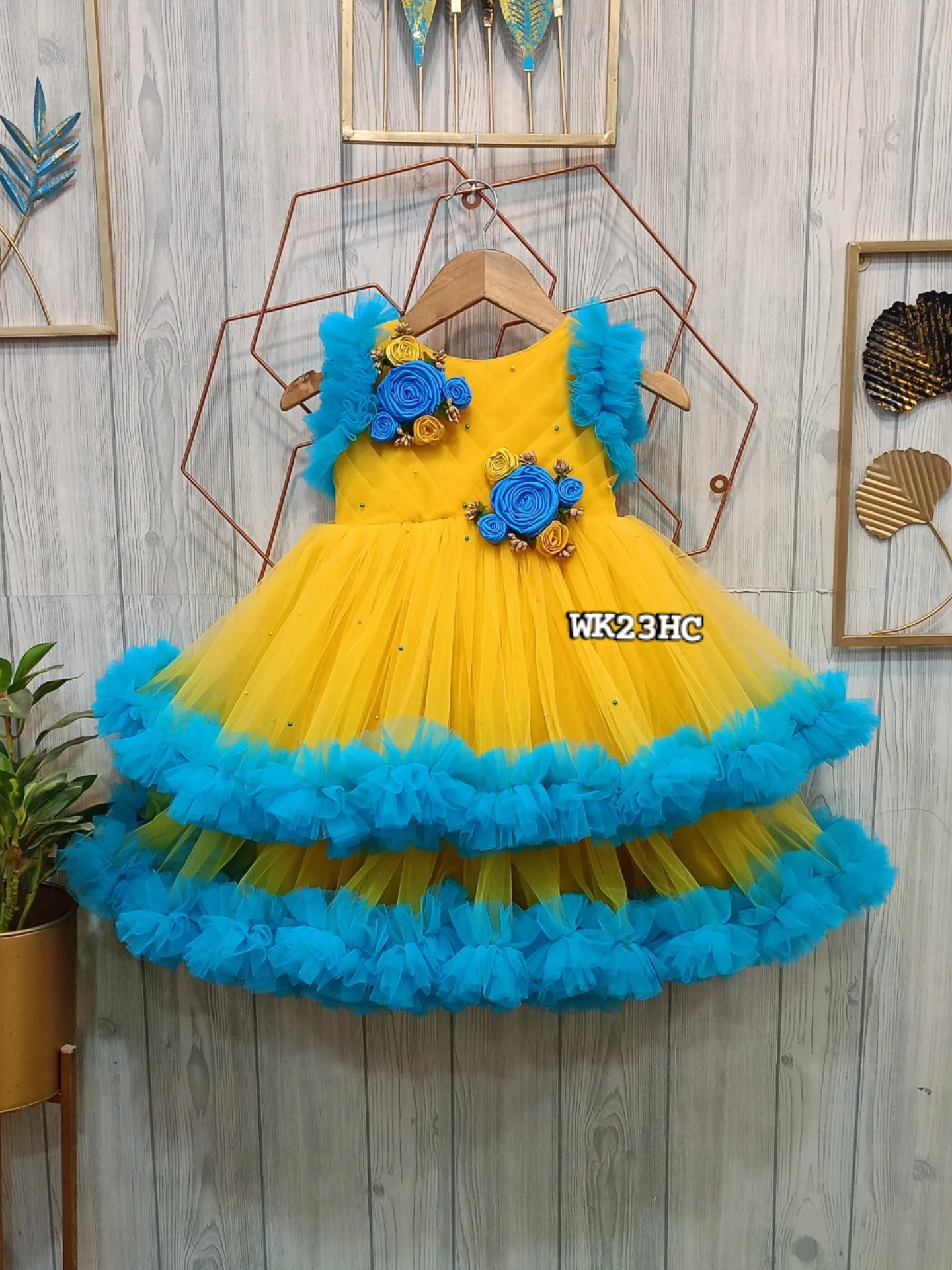 Yellow and Blue Floral Birthday Dress for Girls – Customizable Layered Partywear