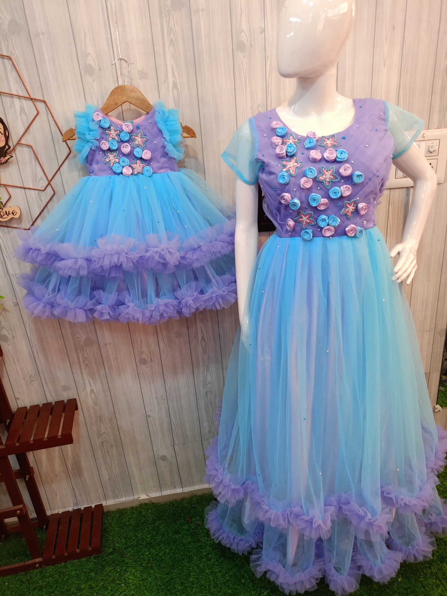Mom and Daughter Matching Gown Set | 3D Floral Partywear Dress | Handcrafted Floral Gown | Designer Birthday & Occasion Wear