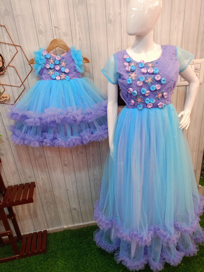 Mom and Daughter Matching Gown Set | 3D Floral Partywear Dress | Handcrafted Floral Gown | Designer Birthday & Occasion Wear