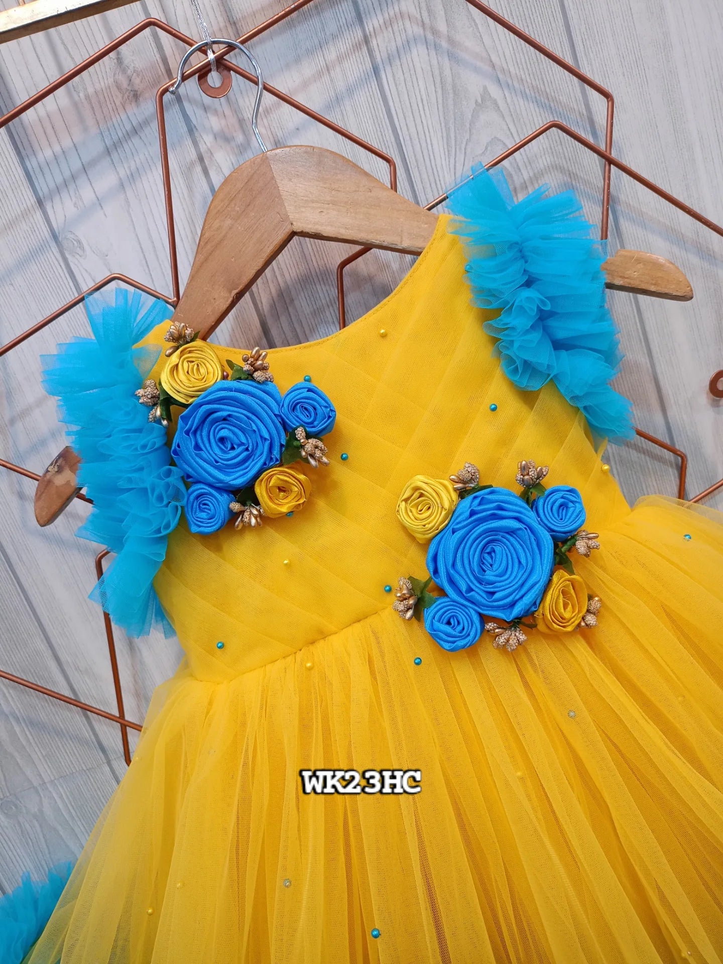 Yellow and Blue Floral Birthday Dress for Girls – Customizable Layered Partywear