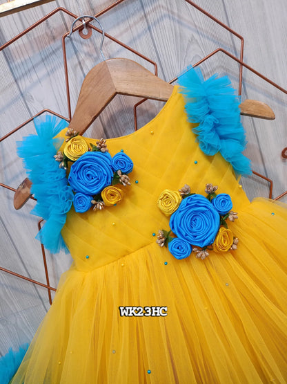 Yellow and Blue Floral Birthday Dress for Girls – Customizable Layered Partywear