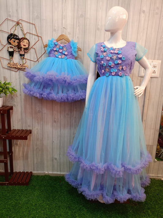Mom and Daughter Matching Gown Set | 3D Floral Partywear Dress | Handcrafted Floral Gown | Designer Birthday & Occasion Wear